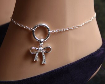 CZ Bow  'O' ring Slave Ankle Chain Bracelet. BDSM infinity chain Anklet. Sterling silver. Infinity Eternity ring. Baby girl bow. DD/lg