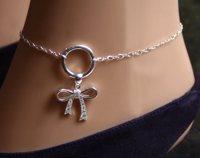 CZ Bow  'O' ring Slave Ankle Chain Bracelet. BDSM infinity chain Anklet. Sterling silver. Infinity Eternity ring. Baby girl bow. DD/lg