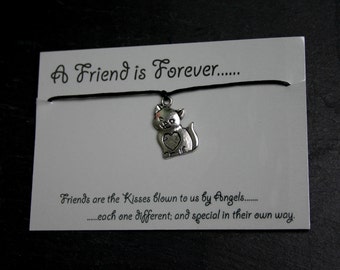 A Friend is Forever - Friendship bracelet - 'The Cat'  Choose Purple, Pink or Black cord. Friendship charm bracelet. String bracelet. Kitty