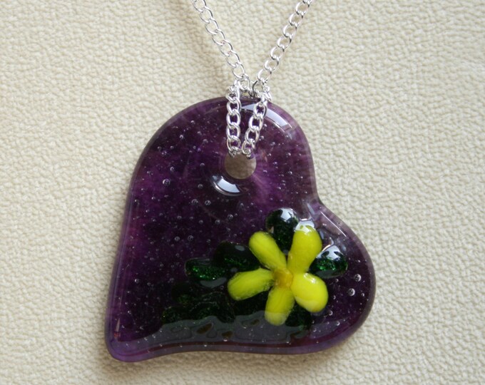Fused glass 'Flora' pendant. Yellow flower on a transparent purple heart glass pendant. (choose sterling silver or silver plated chain)
