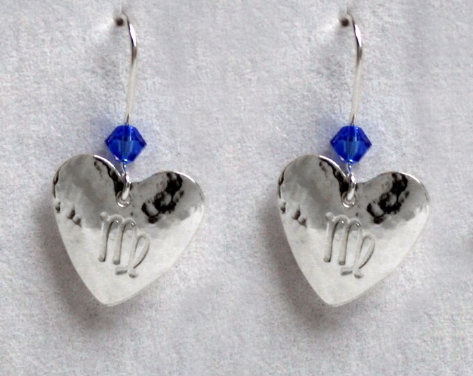 Handmade 'Birthday' earrings. September, Sapphire, Birthstone, Birth sign, Zodiac, Virgo. Silver & Swarovski crystal heart earrings