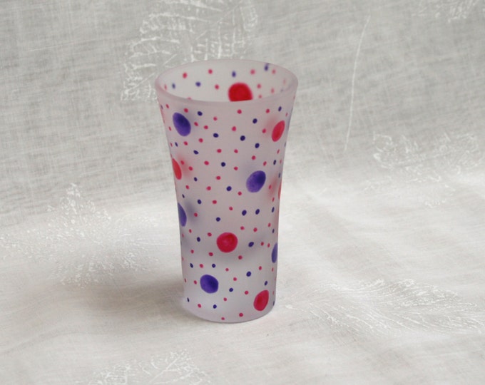 Dotty about You!  Pink & Purple. Exclusive design, hand painted.  2 Etched shot glasses with pink and purple dots and spots encircling them.