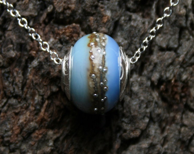 Oceana ~ Lampwork big hole Focal bead. Hand made full sterling silver core & caps. Fine silver wrapped. Organic. Translucent warm sea blues
