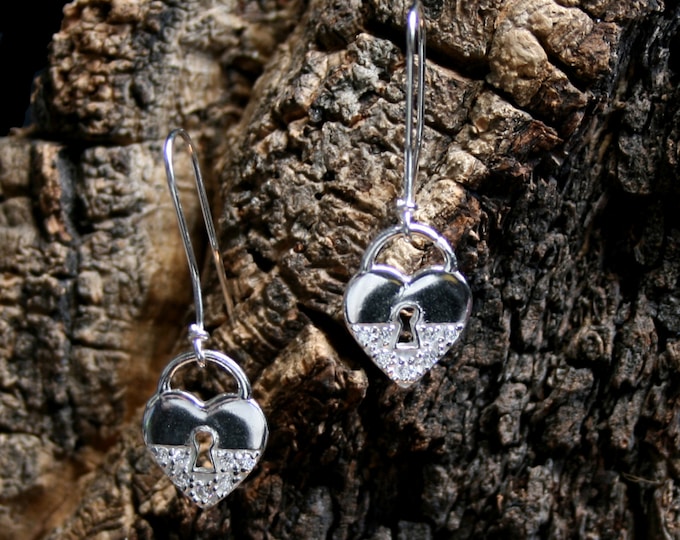 Discrete Slave drop Earrings. CZ Diamante padlock BDSM earrings. Sterling silver. Heart shape diamante padlock.