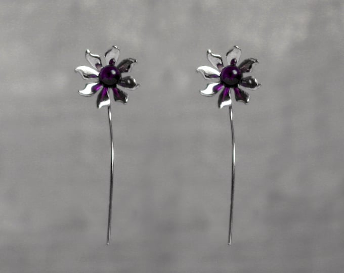 Handmade 'Ma Petite Fleur' earrings. Traditionally hand made sterling silver gemstone flower earrings with Amethyst, stud style with stem