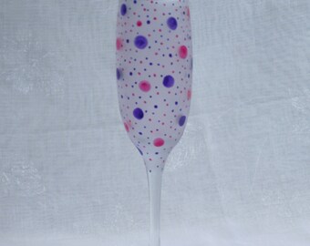 Dotty about You! Pink & Purple. Exclusive design, hand painted champagne glass with pink and purple dots and spots encircling an etched bowl