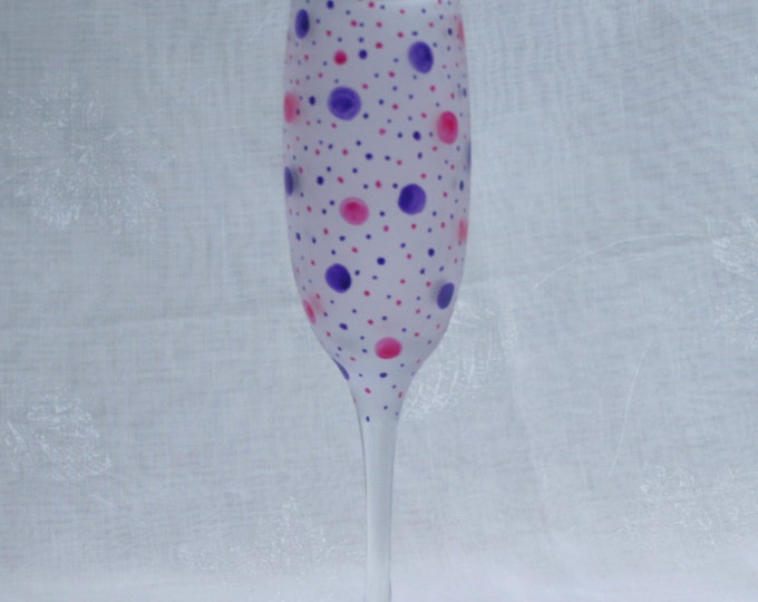 Dotty about You! Pink & Purple. Exclusive design, hand painted champagne glass with pink and purple dots and spots encircling an etched bowl