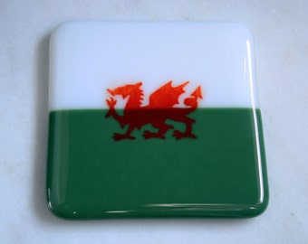 Fused glass Welsh flag coasters. Baner Cymru. Patriotic coasters. Welsh dragon coasters. Ddraig goch. Rugby coasters! Can be personalized.