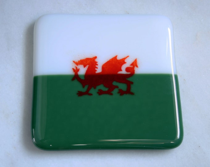 Fused glass Welsh flag coasters. Baner Cymru. Patriotic coasters. Welsh dragon coasters. Ddraig goch. Rugby coasters! Can be personalized.