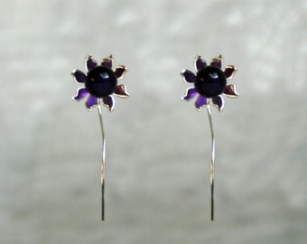 Handmade 'Ma Petite Fleur' earrings. Traditionally hand made sterling silver gemstone flower earrings with Amethyst, stud style with stem.
