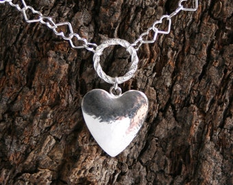 Discrete Heart chain FANCY O ring Day Collar / Slave Necklace. Sterling silver. Story of O collar. Give her your Heart! Can be personalized.