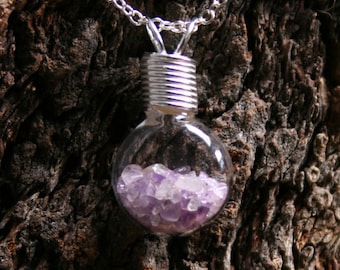 Healing Wishes - Amethyst ~ 'Make a Wish' Pendant ~ Hand blown glass & sterling silver pendant with Amethyst. Healing stones bottle