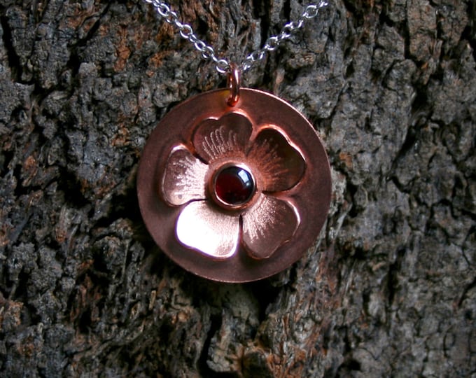 Rosa ~ Garnet & Copper Pendant. 'Wildflower series' Exclusive design. Little flower, Capricorn birthstone, January gemstone.