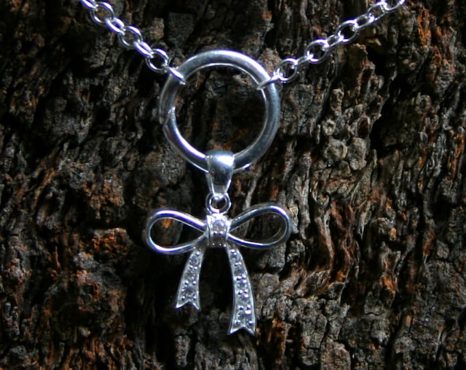 Discrete CZ Bow PERMANENTLY Locking 'O' ring Day Collar / Slave Necklace. Sterling silver. Infinity / Eternity ring. Baby girl bow. DD/lg