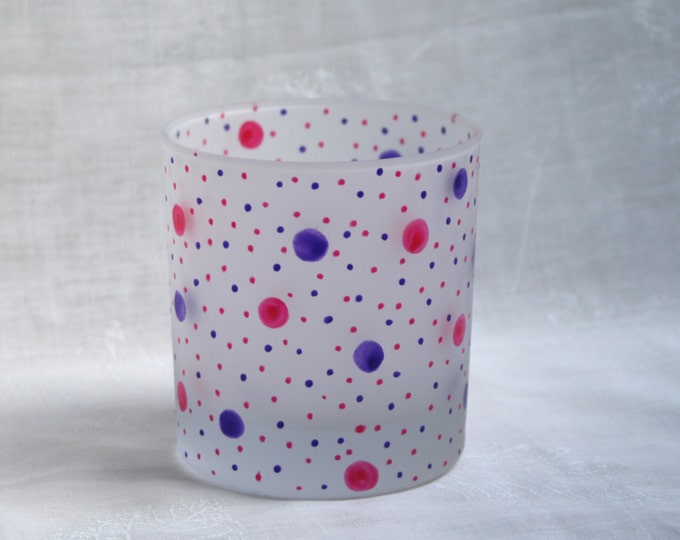 Dotty about You!  Pink & Purple. Exclusive design, hand painted, an Etched Tumbler glass with pink and purple dots and spots encircling it.