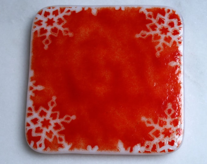 Fused glass. 'Snow border'  White snowflakes with mottled red. Festive coasters. Winter holiday coasters. Christmas coasters. Choose 2 or 4.