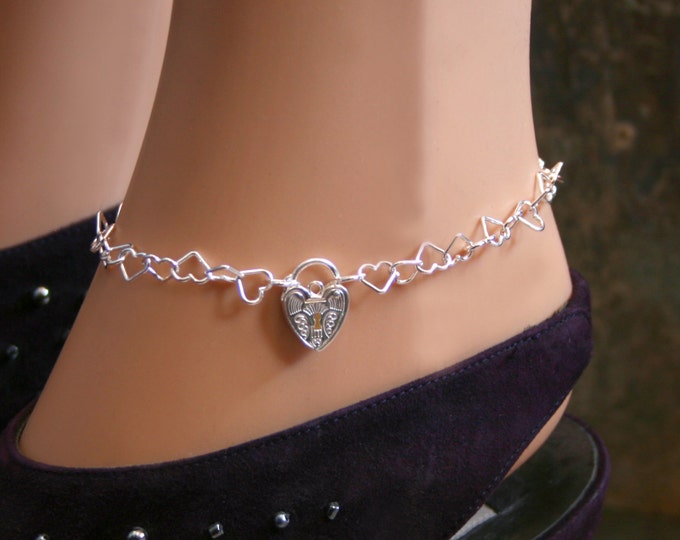 PERMANENTLY LOCKING Sterling silver Slave ankle chain BDSM bracelet. Choose plain or Fancy padlock. Heart shape chain links and padlock.