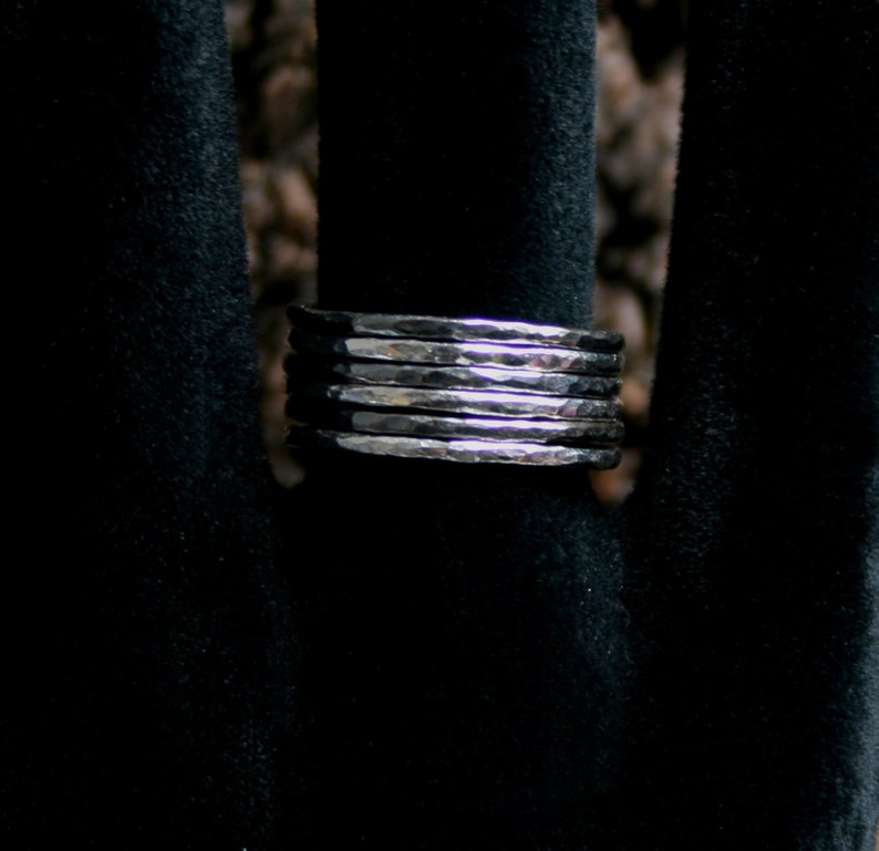 Sterling Silver stack rings. Hammered skinny silver stacking rings. Choose black or natural silver. Single or Set US 8 to 13 UK Q to Z 1/2 image 2