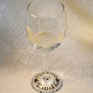 Triple Goddess. Hand painted, wine glass featuring the three phases of the moon & around the base the words 'Blessed be' and pentacles. image 3