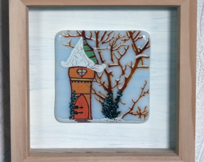 Fae Cottage - Framed Kiln Fused art glass painting. Fairy House in the woods. Natural wood frame. Glass wall art. 19 x 19cm (7.5 x 7.5")