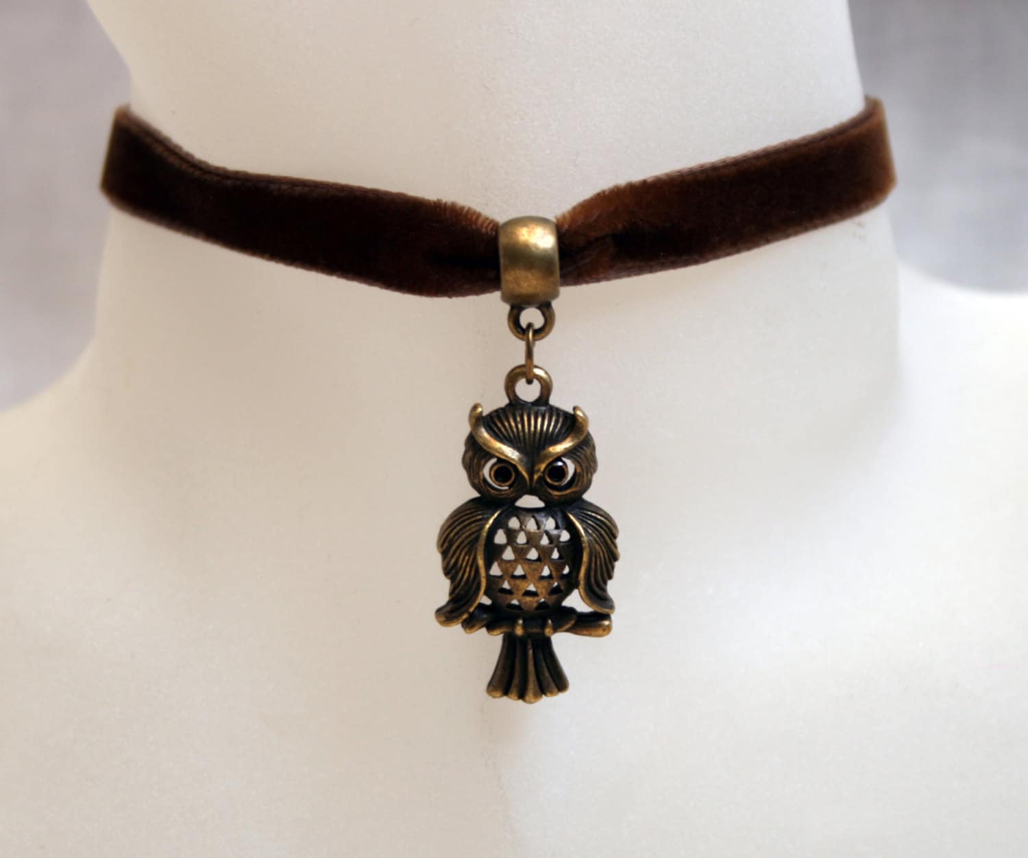 Handcrafted 'Owlet' Choker. Bronze tone owl set on a choice of Wine, Black, Green, Purple, B