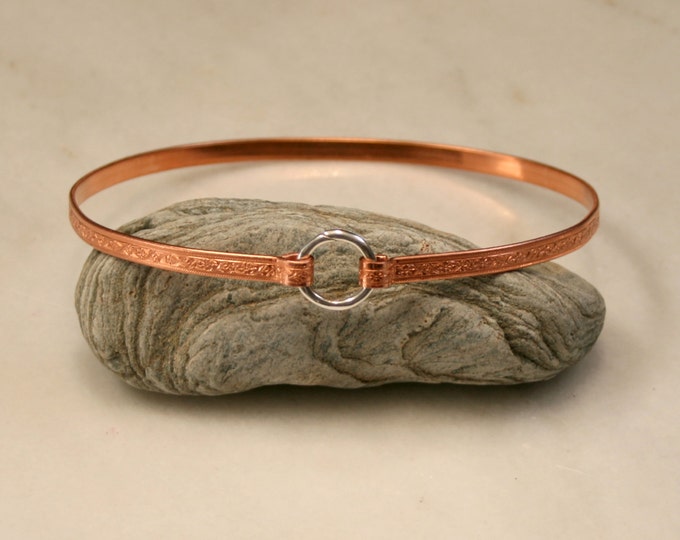 Copper BDSM collar. Choker style. Patterned copper band with a Sterling Silver captive 'O' ring closure. Choose pattern. Can be engraved :-)