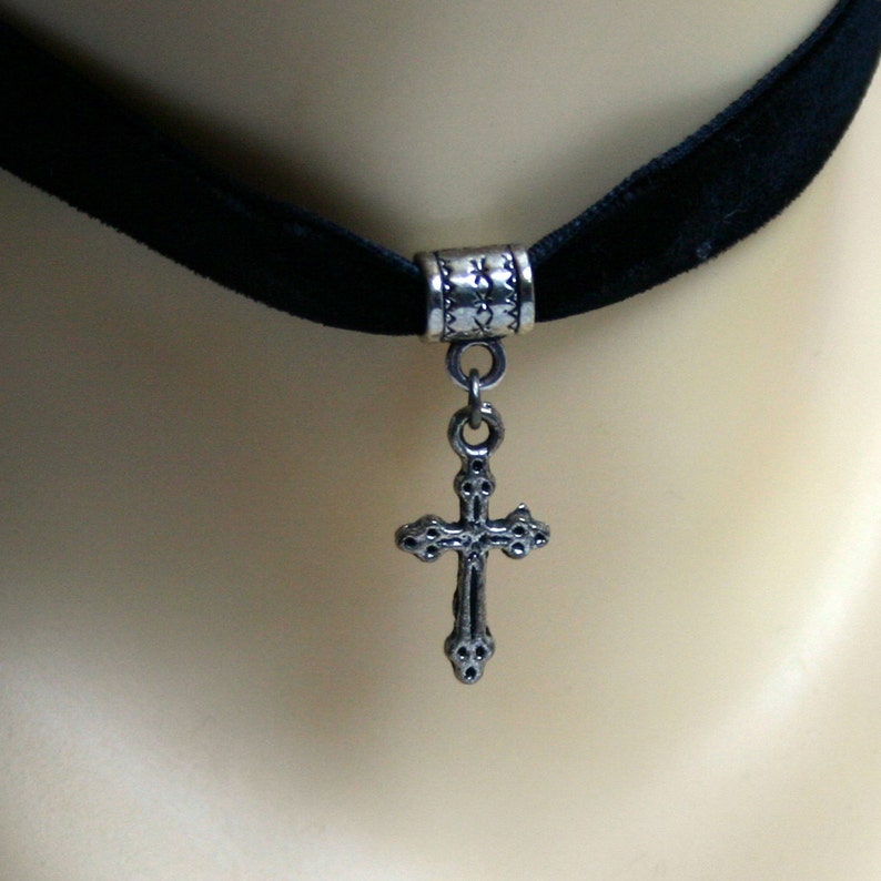 Handcrafted 'Dainty Cross' Choker. Tibetan silver Cross on velvet ribbon Wine, Black, Green, Purple, Brown, White or Ivory ribbon. image 1