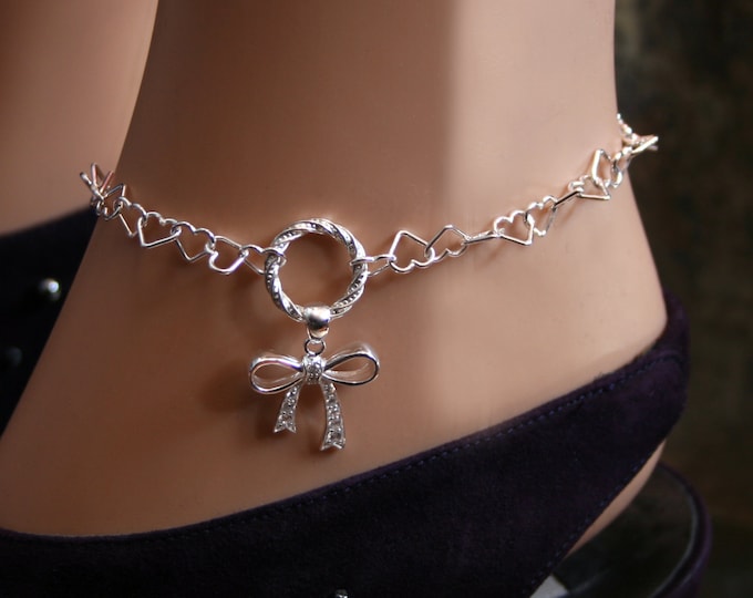 CZ Bow Slave Ankle Chain Bracelet. BDSM Anklet. Sterling silver. Sparkly Baby girl bow. DD/lg bow. Zircon bow. Fancy O ring. Heart links.