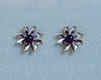 Handmade 'Ma Petite Fleur' earrings. Traditionally hand made, sterling silver gemstone flower stud earrings with Amethyst. For pierced ears.