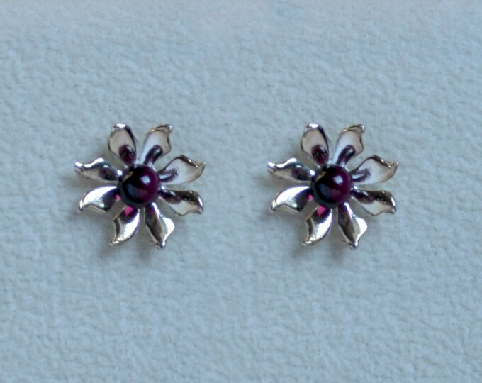 Handmade 'Ma Petite Fleur' earrings. Traditionally hand made, sterling silver gemstone flower stud earrings with Amethyst. For pierced ears.