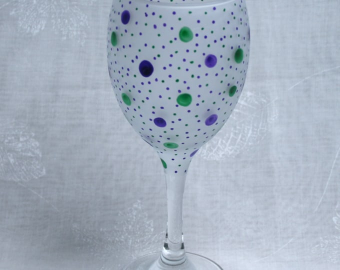 Dotty about You!  Purple & Green. Exclusive design, hand painted, wine glass with purple and green dots and spots encircling an etched bowl