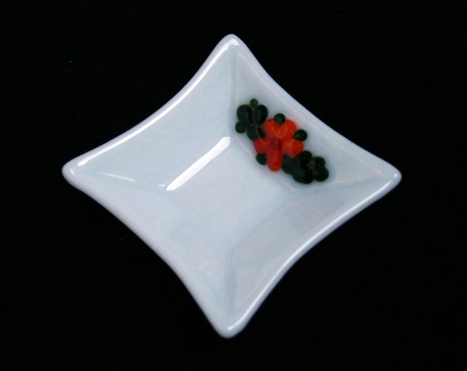 Flora Deeply Dippy in Orange ~ A hand made fused glass trinket / ring / earring / dip dish. Raised orange flowers and green leaves on white.