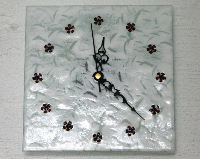 Floral Bouquet clock, featuring a circlet of copper flowers set upon a base of 3mm glass with a mottled white finish