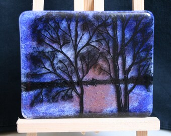 Summer Sunset  - Hand painted Kiln Fused art glass 3D painting. Glass art / panel.  One of a kind painted glass panel. Blue & Orange sunset.