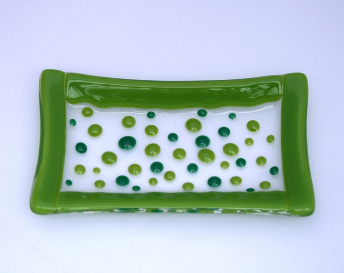 Dotty about Green - a hand made fused glass soap / trinket / sushi dish in two greens set on a clear base. Bathroom/ Kitchen/ Bedroom