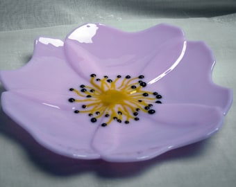 Rosa Canina - The Wild Rose. Wildflower series. An exclusive, fused glass, wild rose shaped bowl in pale pink with yellow and brown stamens.