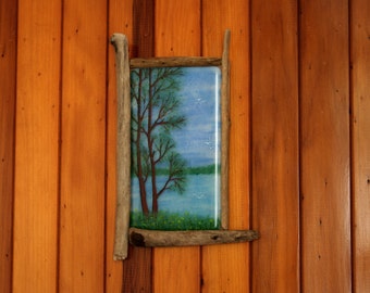 Tranquility - Kiln Fused glass 3D painting. Set in a natural driftwood frame. Glass wall art / panel. Total size 30 x 19cm (11 3/4 x 7 1/2")