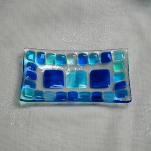 Summer Seas D2, mosaic series, fused glass soap / trinket / sushi / chocolates dish in a range of blues. Bathroom / Kitchen / Bedroom image 1