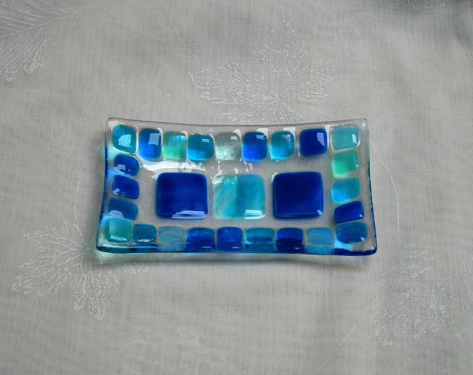 Summer Seas (D2), mosaic series, fused glass soap / trinket / sushi / chocolates dish in a range of blues. Bathroom / Kitchen / Bedroom