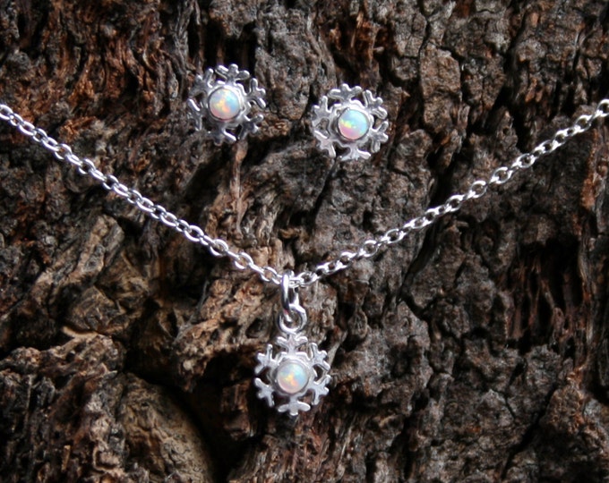 Winter snow - Sterling Silver Snowflake stud earrings & pendant boxed gift set. Choose White Opal, Blue Opal or Moonstone. Christmas gift