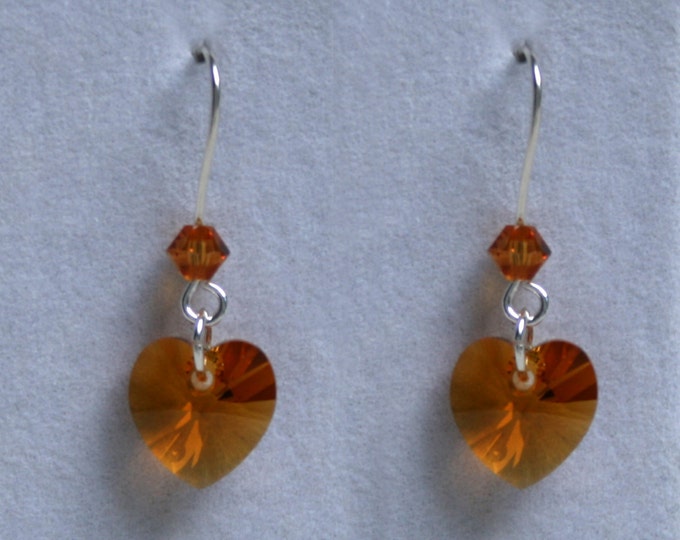 Handmade 'Birthday' earrings. November, Topaz, Birthstone, Birth sign, Zodiac, Scorpio. Sterling silver & Swarovski crystal heart earrings