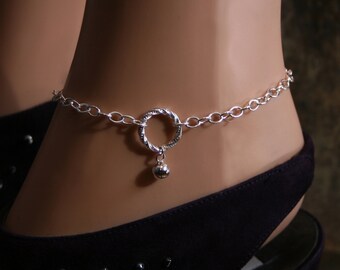 Slave bell. Fancy 'O' ring Slave Ankle Chain Bracelet. BDSM Anklet. Sterling silver. Tiny little bell. Infinity/Eternity ring