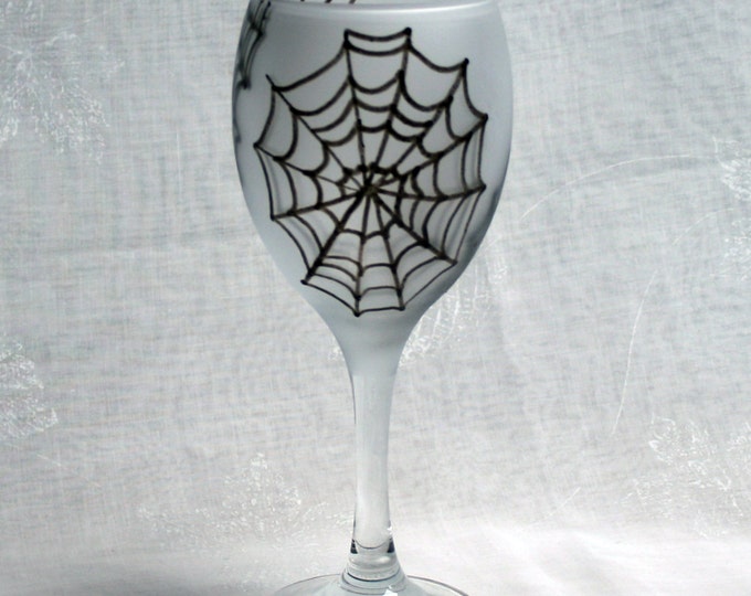 Wicked Webs (In shades of black and grey on an etched base) - An exclusive design, hand painted spider web wine glass.