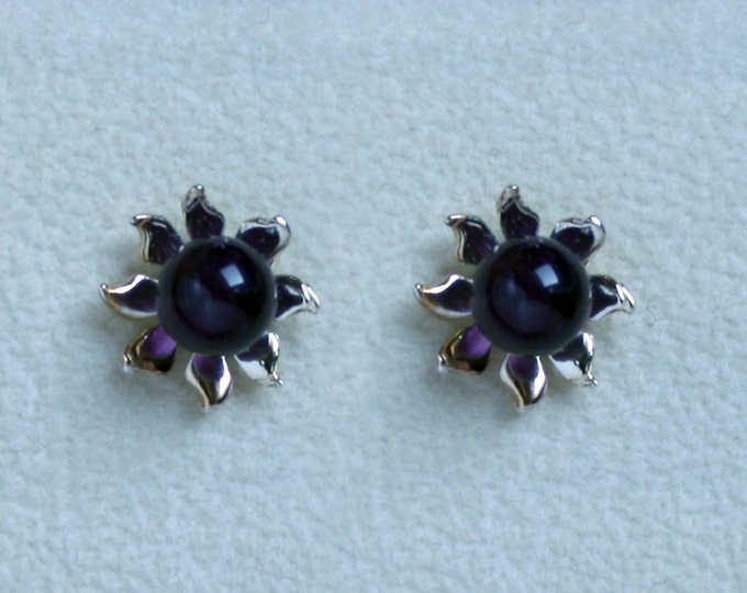 Handmade 'Ma Petite Fleur' earrings. Traditionally hand made, sterling silver gemstone flower stud earrings with Amethyst. For pierced ears.