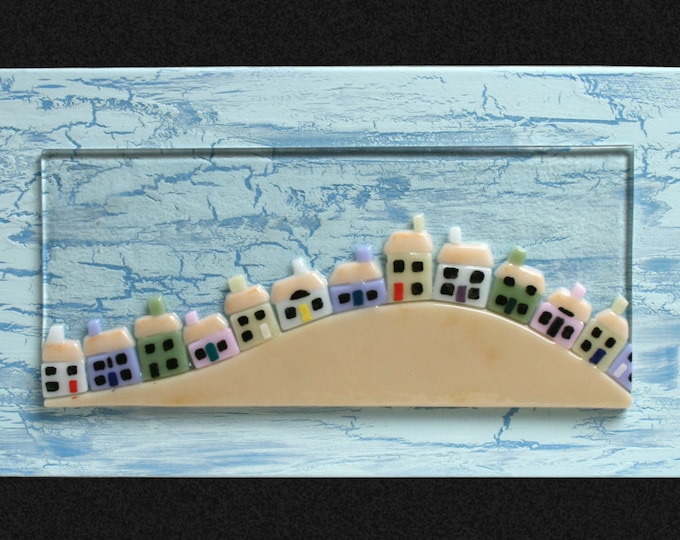 Fused glass 'Beach Side' Wall art / painting. 'Cornish Cottages' series. A row of beach side cottages set on a Blue & white 'crackle' frame