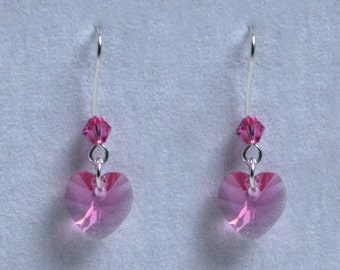 Handmade 'Birthday' earrings. October, Tourmaline, Birthstone, Birth sign, Zodiac, Libra. Sterling silver & Swarovski crystal heart earrings