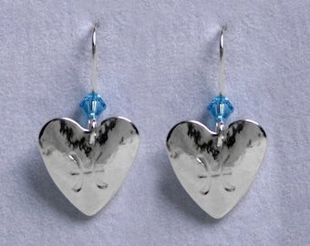 Handmade 'Birthday' earrings. March, Aquamarine, Birthstone, Birth sign, Zodiac, Pisces. Silver & Swarovski crystal heart earrings