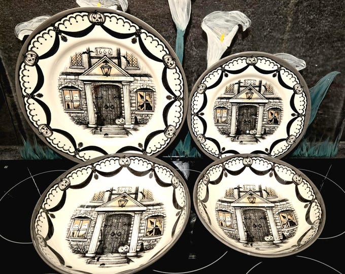 Royal Stafford, "Spookyville" "Haunted house" plates and bowls. Dinner plates,  salad / side plates,  salad bowls and pasta bowls. Singles.