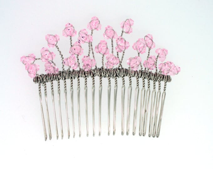 Crystal Hair comb. Silver & pink crystals. Bridal hair comb. Wedding fascinator. Veil comb. Flower girl, Prom, Pink themed wedding.