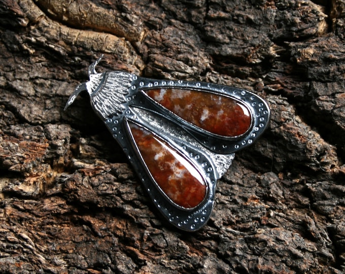 Handmade Moth brooch. Agate and Sterling Silver. Fully UK hallmarked. One of a kind. Three dimensional, Orange-brown with flecks of white.